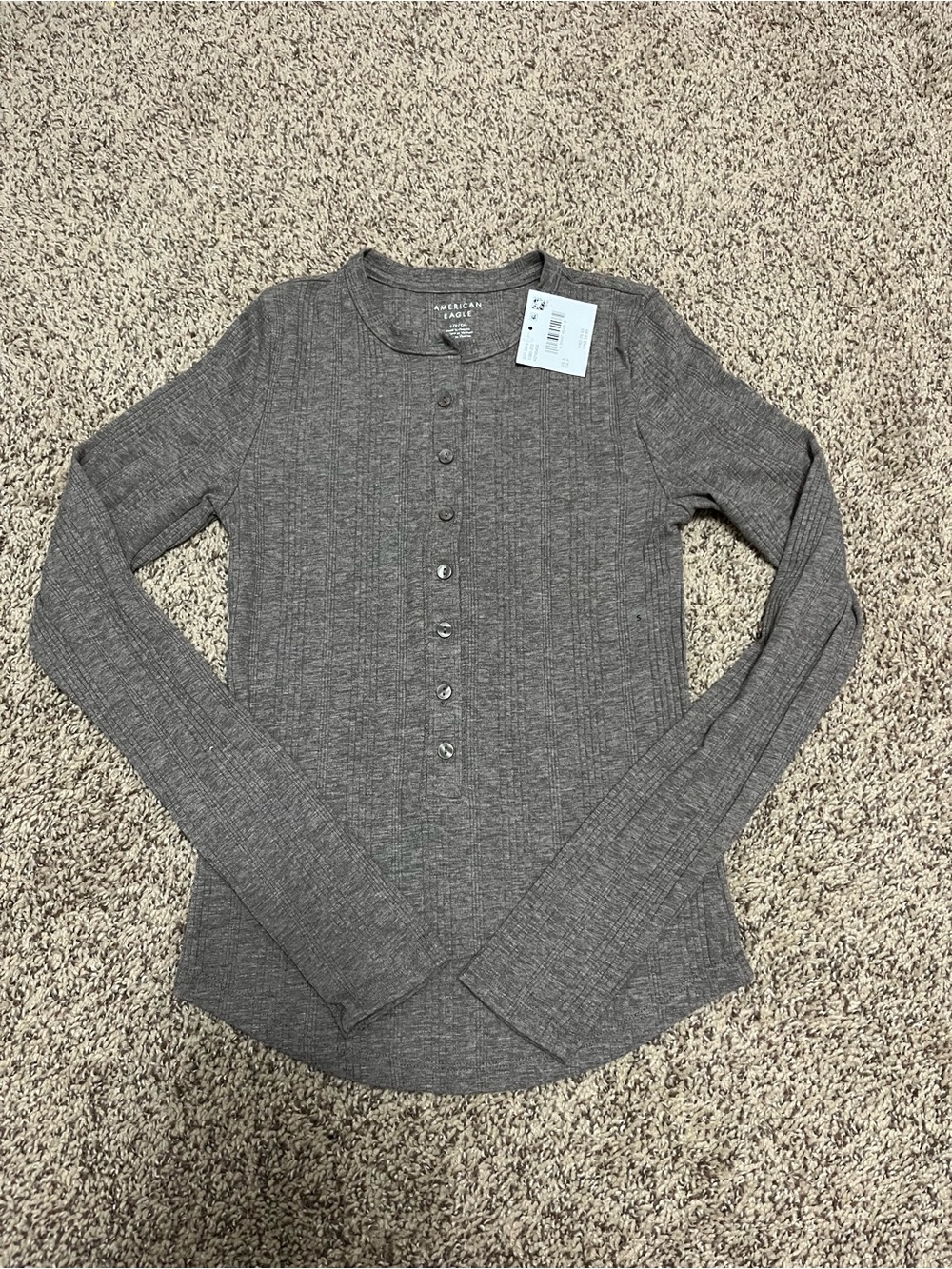American Eagle Outfitters Gray Ribbed Button-Up Long Sleeve Top